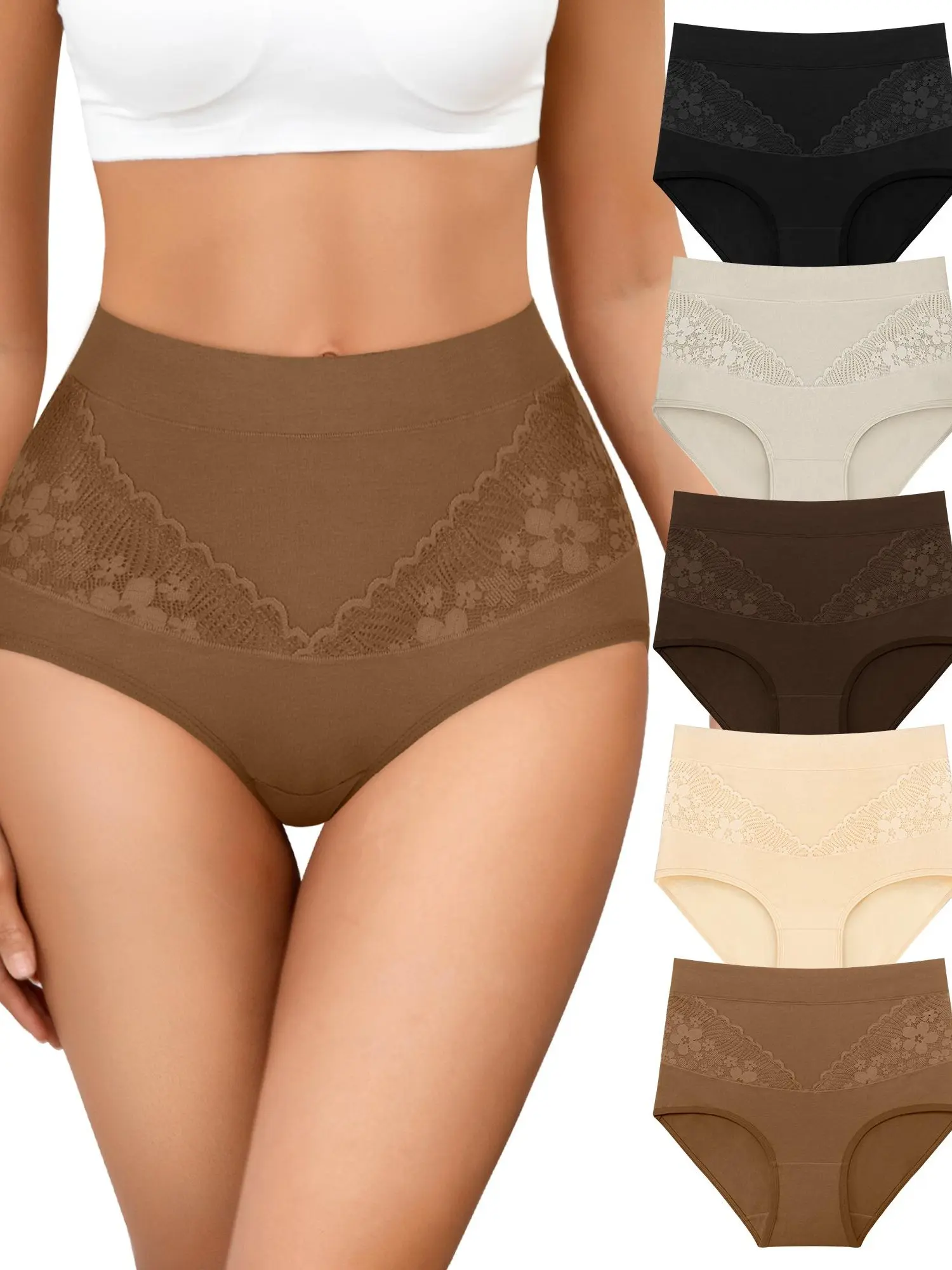 Women's 5-Pack High-Waisted Cotton Lady Briefs - Center Lace, Breathable, Soft Stretchy, Elastic, Hip-Lifting Full Coverage, Solid Color Underwear for Everyday Outdoor Use