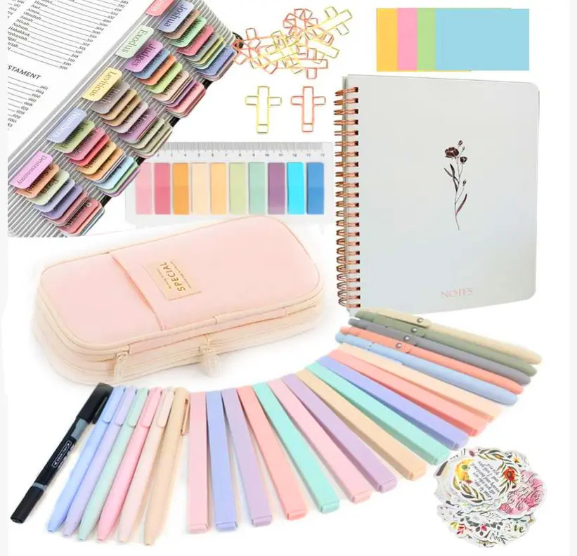 HOLENGS Bible Study Supplies Journaling Kit With Tabs, Highlighter, Notebook and Pen Case - Annotation Kit, Study Group Essentials Accessories Set for Women,Stationery，school supplies，Students, Beginner Christian Gifts