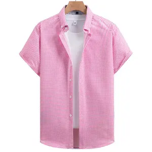 Men's Pink Gingham Check Short Sleeve Button-Down Shirt, Casual Loose Fit, Lightweight Breathable Fabric, Perfect for Summer, Street Style, Everyday Wear and Beach Outings