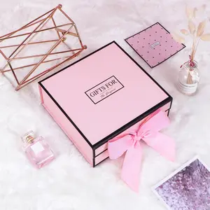 JYX Pink Magnetic Gift Box with Side Ribbon Size L 13"x 12.1"x4.5" - Reusable Luxury Packaging for Gifts, Weddings & Special Occasions