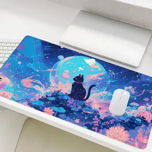 Cat Pattern Mouse Pad, Large Cute Black Cat with Ribbon Floral Gaming Mouse Pad, Non-slip Rubber Base Stitched Edge Desk Pad for Laptop Desktop