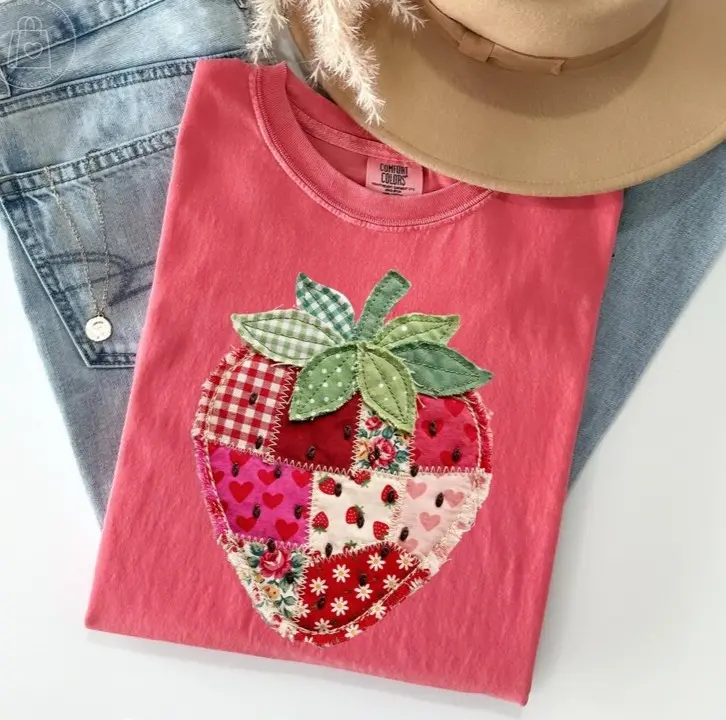 Comfort Colors PRINT Strawberry TShirt, Faux Patchwork Quilted Farmhouse Berry Tee, Rustic Gingham Floral Cottagecore TShirt, Vintage Aesthetic Tee
