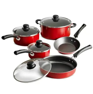 9-Piece Non-stick Cookware Set, Red - Stackable Design for Compact Storage - Glass, Ceramic Lids Nonstick Handles Oven
