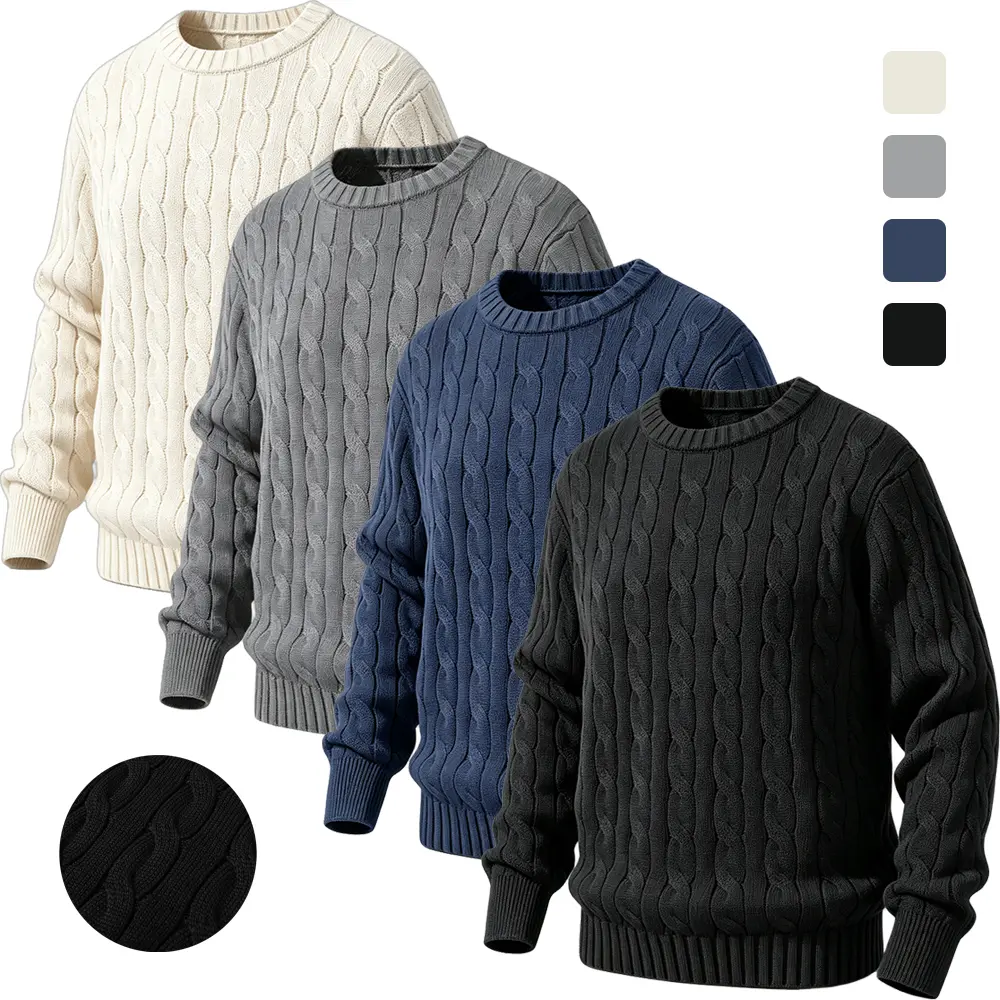 Mens Crewneck Cable-Knit Sweater - Menswear, Plain, Stylish, Classic Aesthetics, Retro Collegiate Casual Vibe, Ribbed Hem, Drop-Shoulder Cut for Reduced Shoulder Restriction, Relaxed Effortless Fit, Autumn-Winter Pullover Top for Everyday Occasions