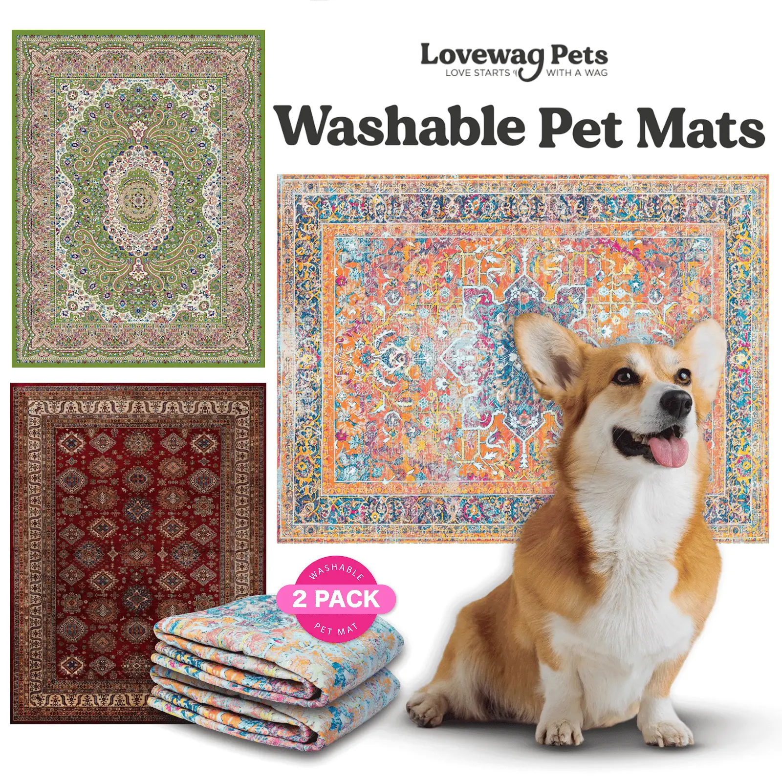 Lovewag Washable Dog Pads - Pack of 2, Eco-Friendly & Leak-Proof Design, Multi-Design Options: Marmalade Sunshine, Peacock Garden, Merlot Majesty, 16"