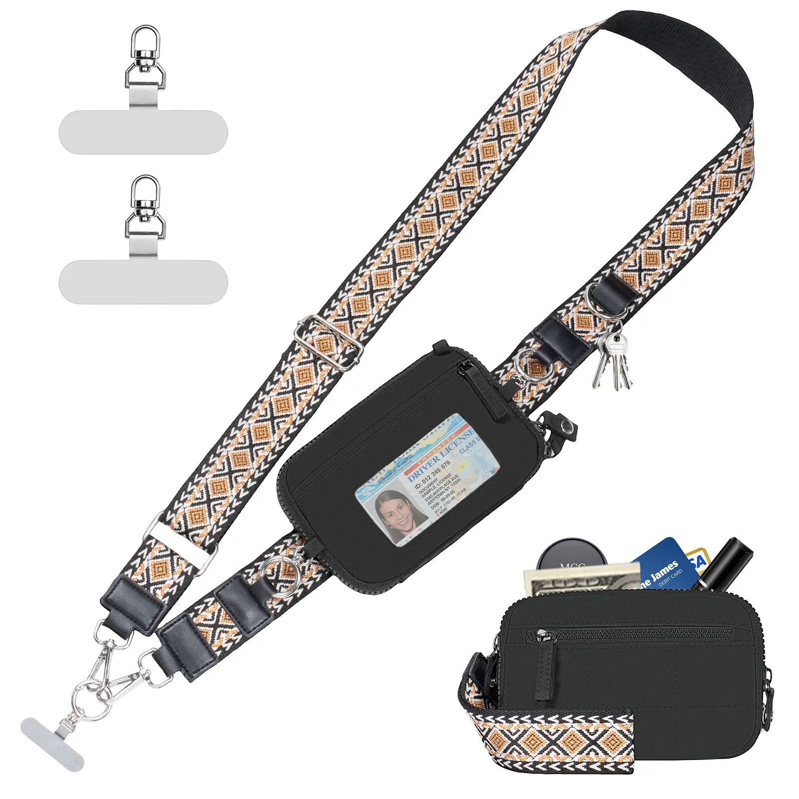 Clip and Go Strap Bag stylish printed Phone Lanyard Crossbody Adjustable and Detachable RFID Wristlet Wallet Zipper Pouch Wallet