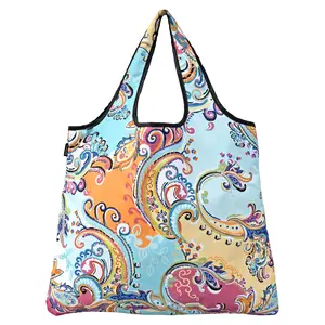Yay J4432 Jumbo Eco-Friendly Stylish Multifunctional Foldable Lightweight Reusable Grocery Bag Carrier, Polyester Modern Paisley Print Shopping Bag with Attached Elastic, Lightweight Shopping Bag