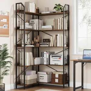 72" Brown Corner Bookshelf, l-Shaped 5 Tier Bookcase, Tall Corner Bookcase with Beaded Design, Large Display Shelf for Living Room Bedroom