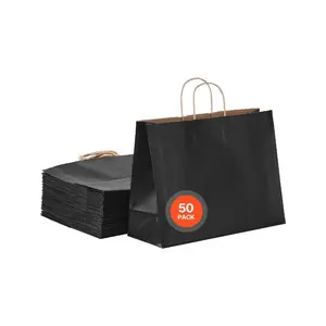 VEVOR Kraft Paper Bags with Handles, 50Pcs 16x 6x 12 in, Large Paper Grocery Bags, Reusable Recycled Take-Out Sacks, Plain Party Bag Bulk for Birthday, Wedding, Business, Goody, Black