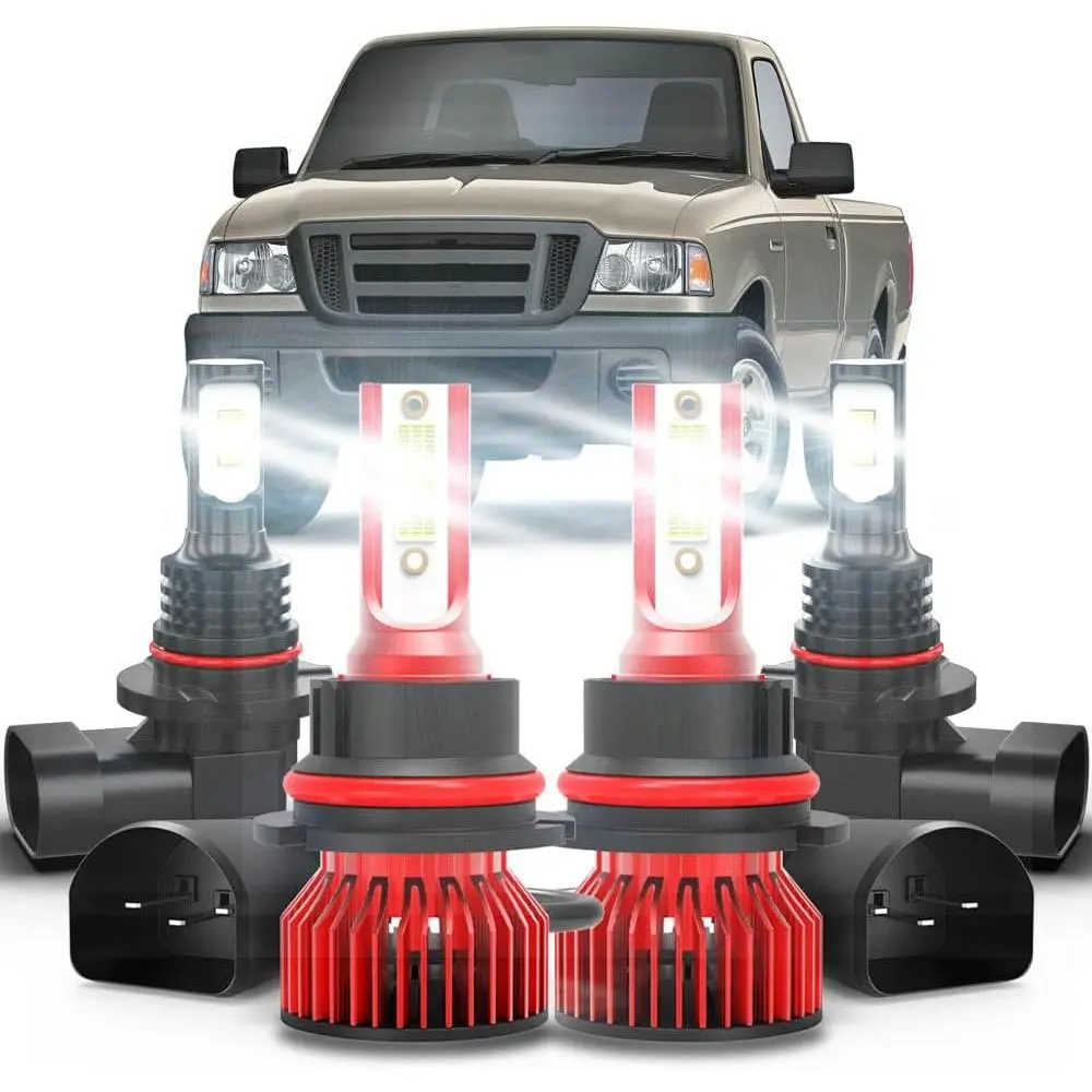LED Bulb Plug-in Set for Ford Ranger 2001-2011, 4-Pack Car Accessories - 2x 9007 High/Low Beam, 9145/9005 Fog Lights, Ultra Bright White, IP68 Waterproofing, Cooling, Energy Efficient, Long-Lasting, Night Driving Plug-and-Play Replacement