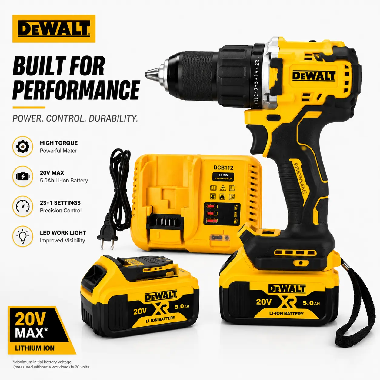 ()DEWALT Cordless Drill Kit, High Torque Drilling & Screw Driving, Durable Metal & High Strength Plastic Construction, Powerful Performance Lightweight Design Long Battery Life, DIY Tool Set Home Repair Workshop Essentials