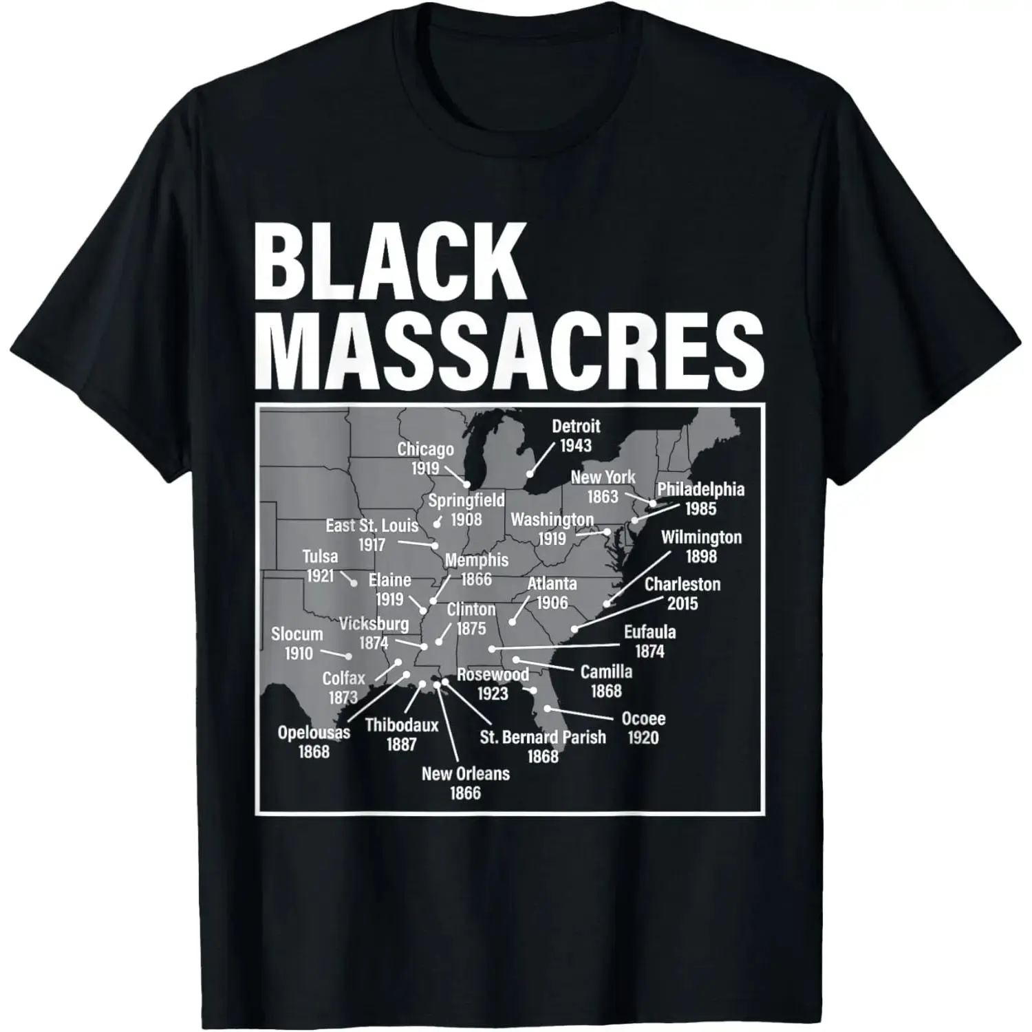 Black Massacres History Map Afro American Graphic Tee Vintage Black History Streetwear 100% Cotton Unisex Crew Neck Casual Short Sleeve T-Shirt For African American History Lovers Men Women