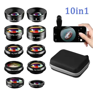 Phone Camera Lens-Macro Lens+Wide Lens+Fisheye Lens+Telephoto Lens+CPL/Flow/Radial/Star Filter+Kaleidoscope 3/6 Lens 10 in 1 Lens Kit, compatible with iPhone, Samsung and most smartphones.
