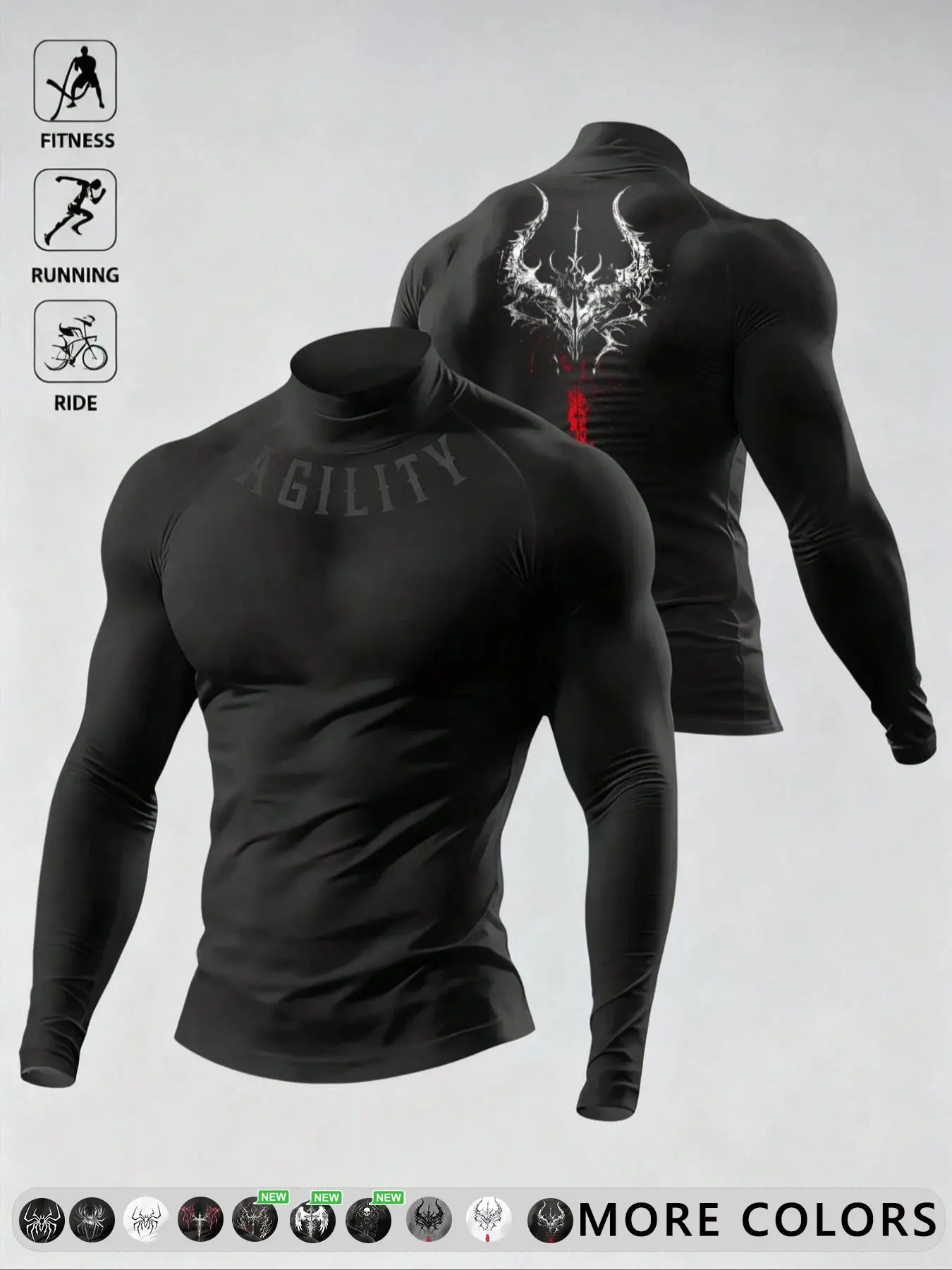 Men's Agility Dark Thorn Cross Print High Stretch Fitted Gym Long Sleeve, Sporty Breathable Compression Training Top, Unisex