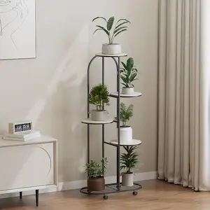 GARVEE Wrought Iron Corner Plant Shelving Unit with Five Matte Black Layers, Multi-Planter Rack Organizer on Wheels for Room, Balcony, Garden, Patio