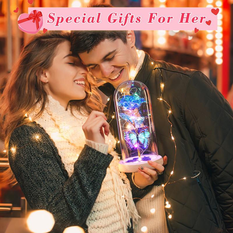 DEEMEI Birthday Gifts for Women Eternal Flower Light Up Galaxy Rose in Glass Dome with Butterfly Valentines Day Gifts for Her Mom Girlfriend Daughter