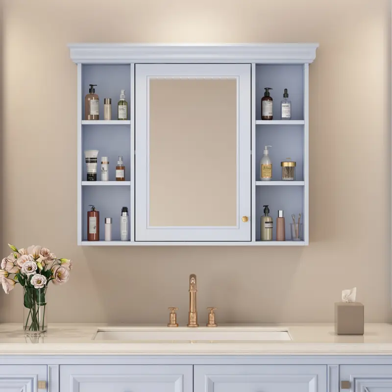 35'' x 28'' Blue Wall Mounted Bathroom Storage Cabinet with Mirror Door, Modern Bathroom Wall Cabinet with Mirror, Medicine Cabinet with 6 Open Shelves   WL
