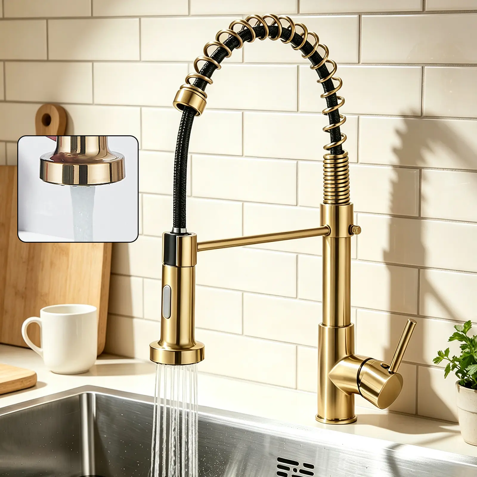 Luxury Brushed Gold Spring Pull-Down Kitchen Faucet, Single-Handle High-Arc Commercial Kitchen Faucet with 2 Spray Modes, Deck-Mount Hot-Cold Mixer for Farmhouse Kitchen Sink