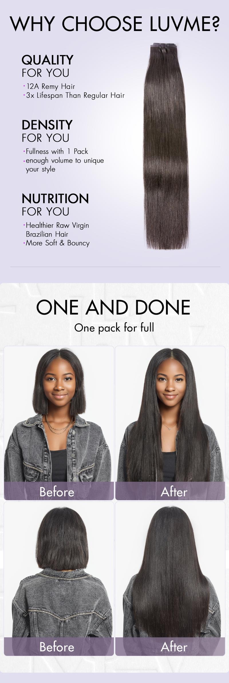 LUVME 100% Virgin Human Hair Extensions Seamless & Invisible Edge Straight, Body Wave, Kinky Curly, Yaki Straight, Messy Burmese Curl Clip-In