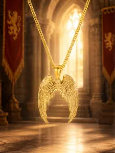 The Armored Kingdom Angel Wings Necklace - Unisex Medieval Gold-Tone Detachable Pendant with Black Gemstone on a Long Rhodium-Plated Chain, Fashionable Jewelry Accessories