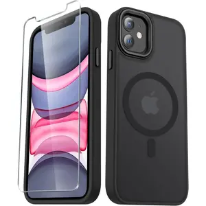 Case For iPhone 12,iPhone 12 Pro With 1 Screen Protector, Matte Magnetic Slim Phone Cover, Support for Magsafe, Shockproof Protection Translucent Frosted Back,Black