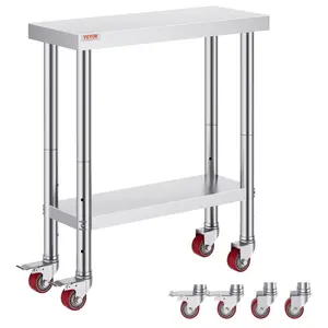 VEVOR Stainless Steel Work Table 30x 12x 34 Inch, 700 LBS Load Capacity with 4 Wheels, 3 Adjustable Height Levels, Heavy Duty Food Prep Worktable for Commercial Kitchen Restaurant, Silver
