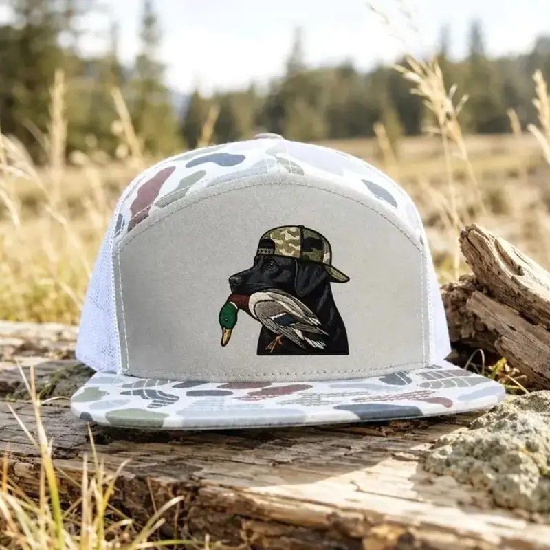 Duck Hunting Lab Trucker Hat | Black Labrador Duck Hunter 7 Panel Mesh Snapback | Camo Hunting Dog Flat Bill Cap | Gift for Duck Hunter
