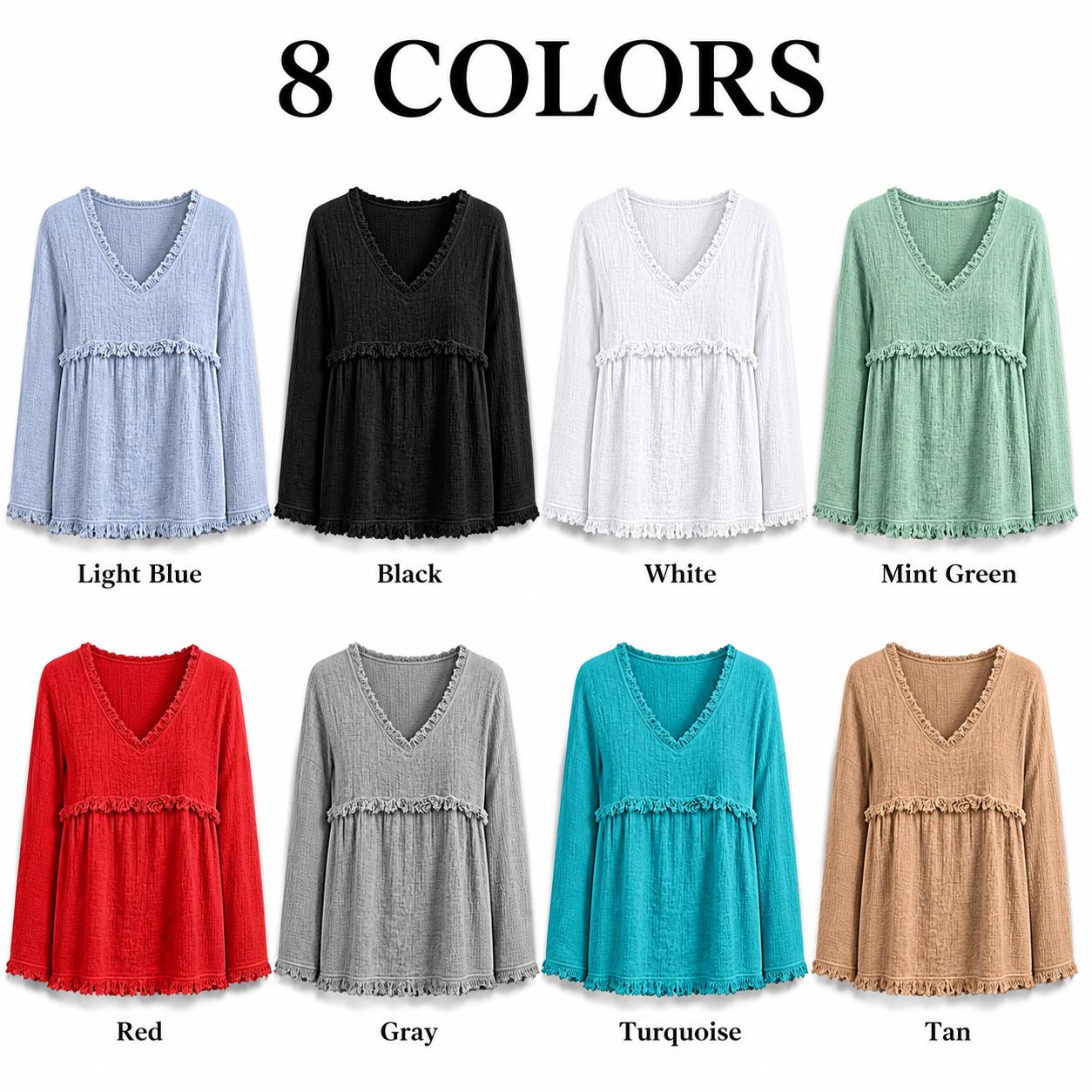 Women’s Boho V Neck Long Sleeve Fringe Top, Casual Loose Fit Textured Babydoll Blouse, Flowy Tassel Hem Tunic Shirt, Western Fall Fashion Tops, Plus Size S–3XL, Tops For Women, Women's Clothes