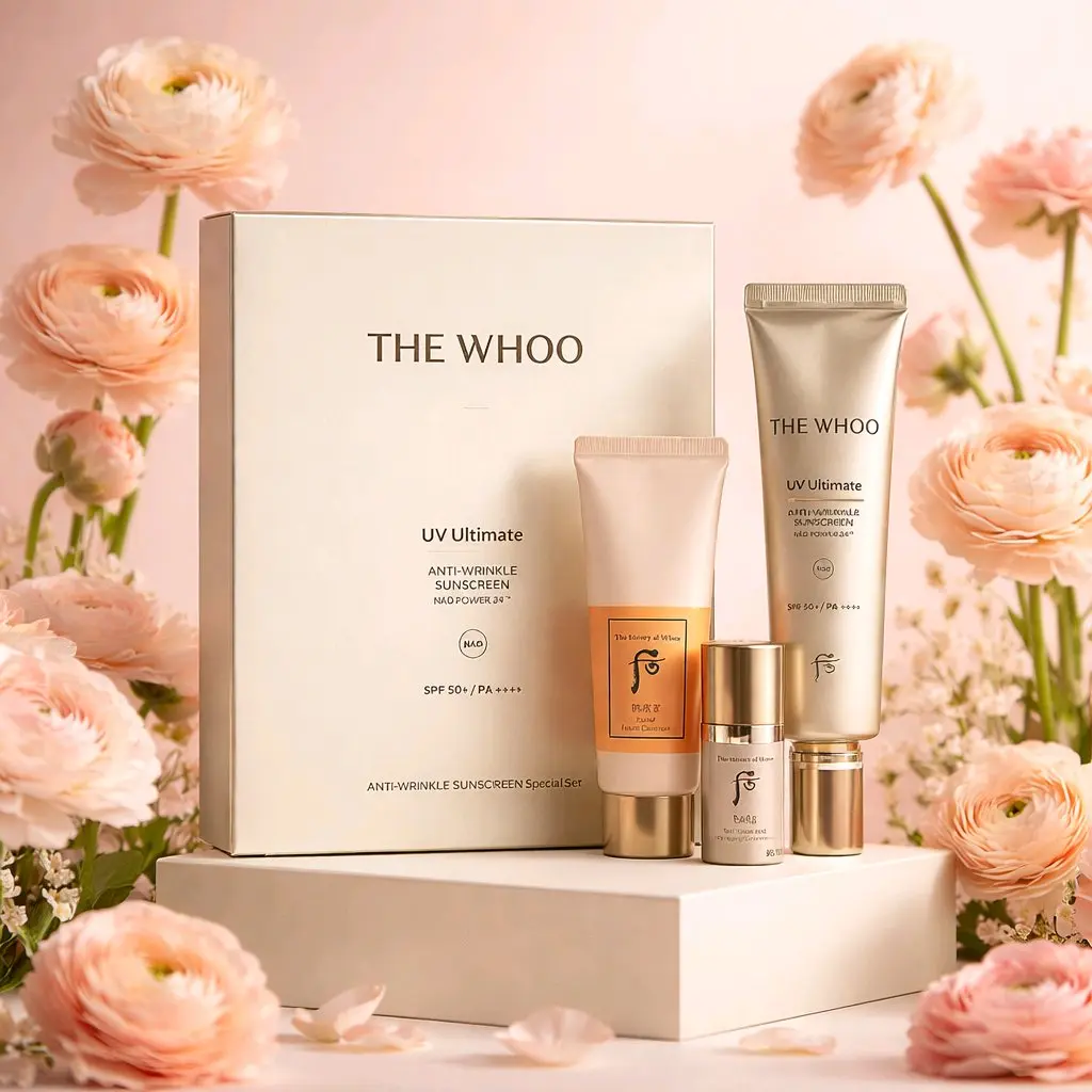 THE WHOO Anti-Wrinkle Sunscreen Special Set - Moisturizing Serum, Ginseng-Infused Facial Cleanser for UV Protection, Cleansing & Anti-Aging Care
