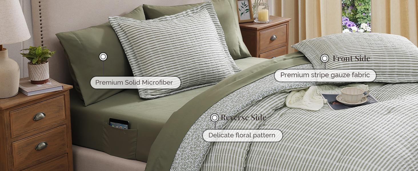 Full Comforter Set - 7 Pieces Green Gauze Muslin Bedding Sets for All Seasons, Lightweight Breathable Bed in a Bag Full with Revesible Farmhouse Comforter, Sheets, Pillowcases & Shams