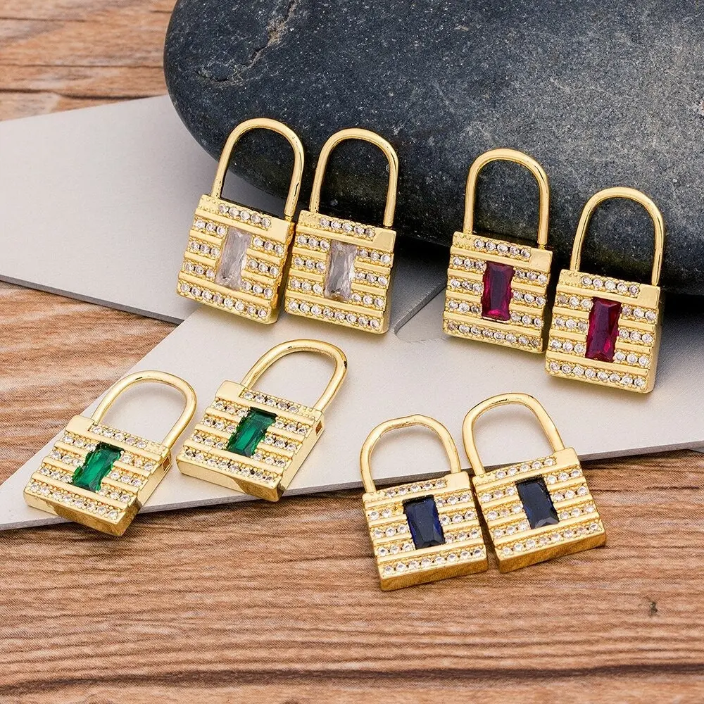 Padlock Earrings, Small , Initial Necklace, Green , Black Chain