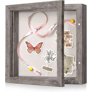 8x10 Shadow Box Frame with Linen Back - Real Glass, Push Pins Included, Sturdy Rustic Memory Display Case, Distressed White