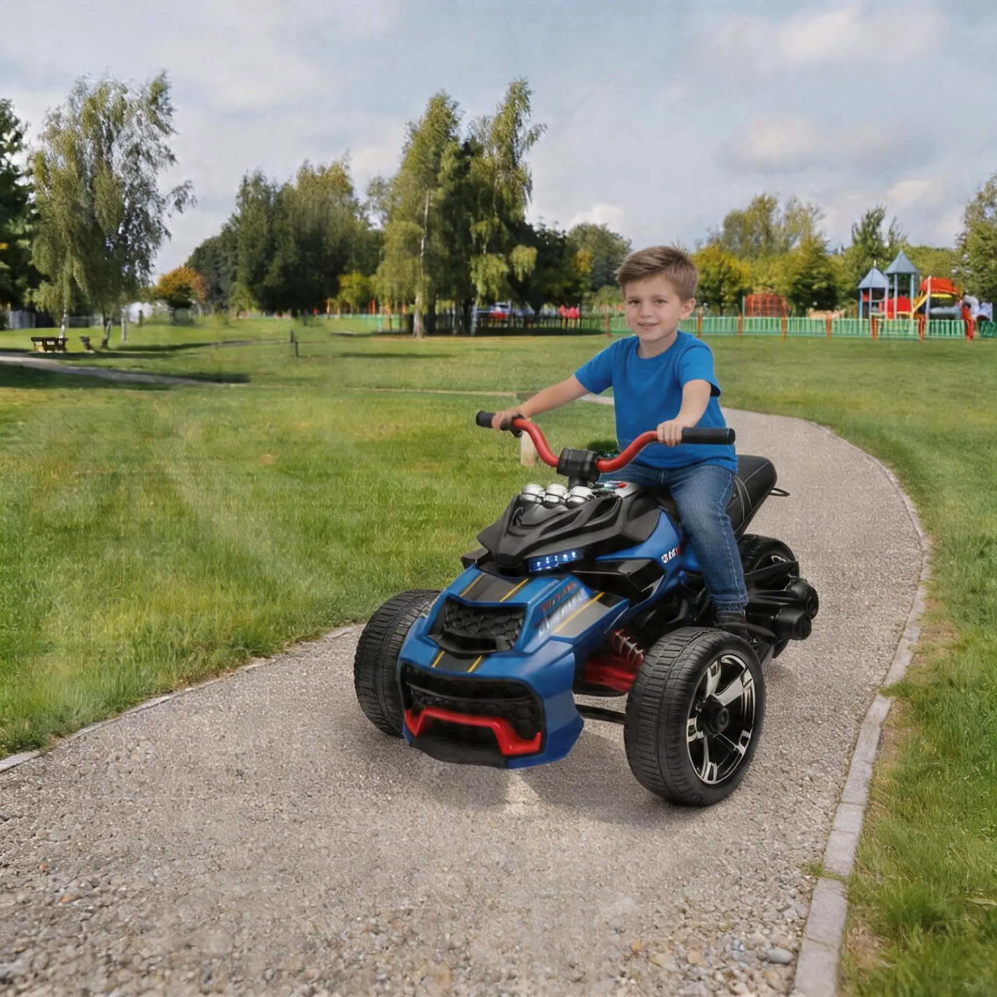GARVEE 12V 3 Wheeler Electric Ride On ATV Motorcycle with LED Lights, Battery Powered, High & Low Speed, Horn, Music, USB, Treaded Tires, Blue Ride On Vehicle Gift