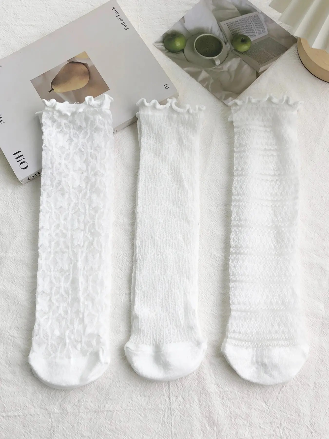 3pairs white lace hollow floral mid tube socks are comfortable, fashionable, Casual, Style, Fit, breathable, Casual Stylish Socks, and suitable for Everyday women's party wear