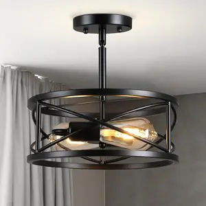 Farmhouse Semi Flush Mount Ceiling Light Fixtures, 11.8" 2-Light Black Industrial Metal Cage Lighting for Hallway Kitchen Entryway Bedroom
