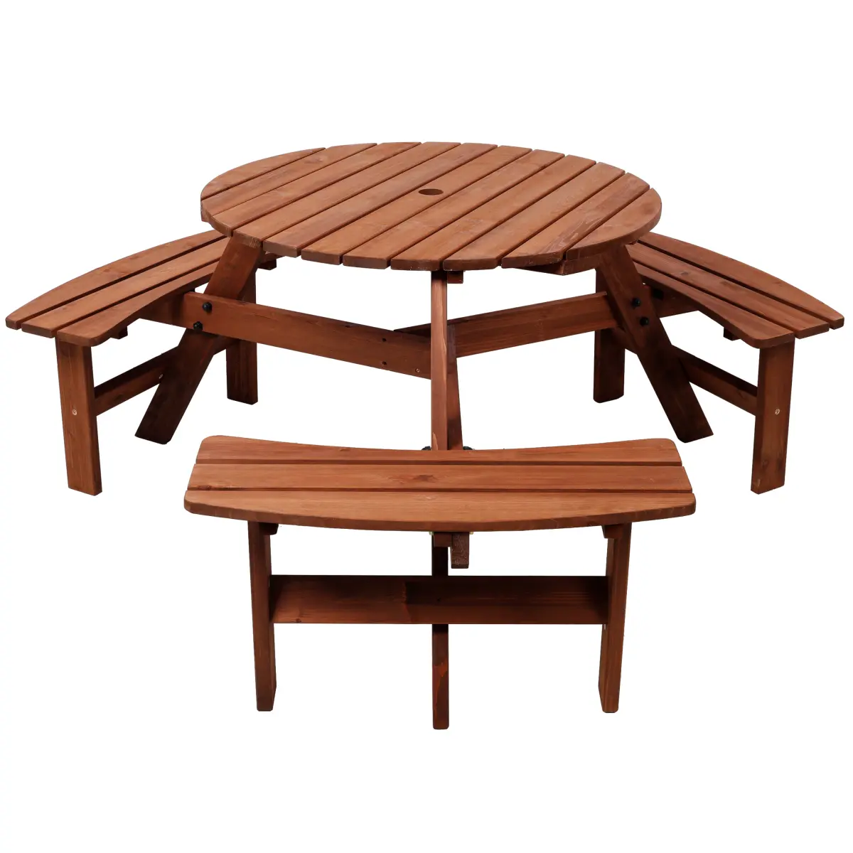 Wooden Picnic Table with 3 Built-in Benches,6 Person  Picnic Table, with Umbrella Hole,Camping Dining Table for Garden Patio Backyard