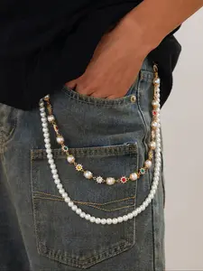 Faux Pearl & Rhinestone Decorated Waist Chain, Fashionable Flower Design Pants Chain for Men, Casual Trendy Accessories for Daily Wear