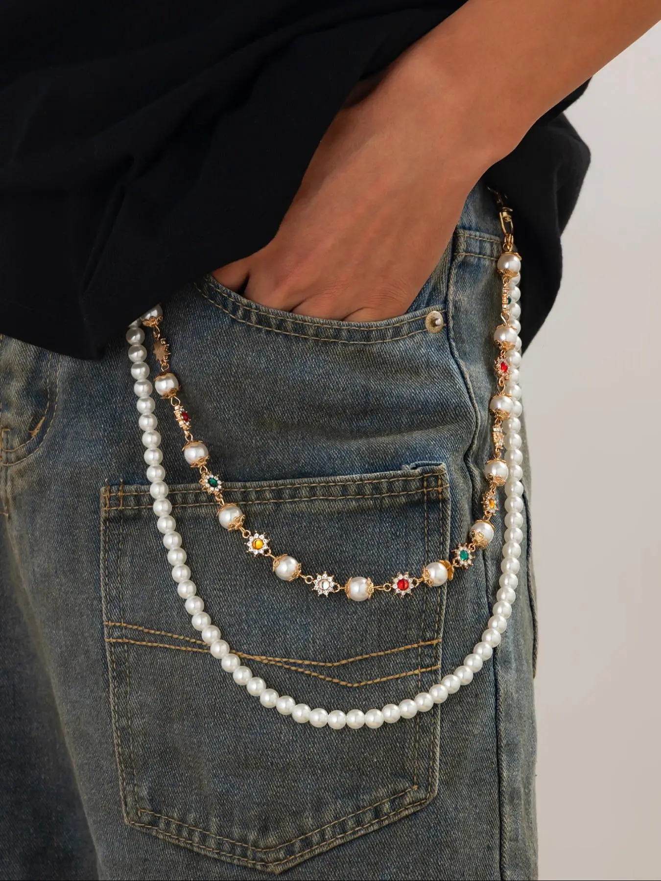 Faux Pearl & Rhinestone Decorated Waist Chain, Fashionable Flower Design Pants Chain for Men, Casual Trendy Accessories for Daily Wear