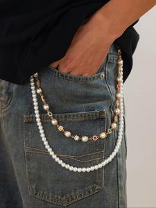 faux pearl & rhinestone decorated waist chain, fashionable flower design pants chain, casual trendy beaded accessories for daily wear, mother's day gift, cute jewelry, chic body jewelry