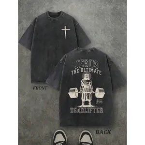 Retro Washed T-Shirt Double Sided Printed (230 Pure Cotton T-Shirt) 'JESUS THE ULTIMATE DEADLIFTER' Letter Print, Christian Gift, Men's T-Shirt, Men's Casual, Comfortable, Fashionable T-Shirt, Street Style Cotton