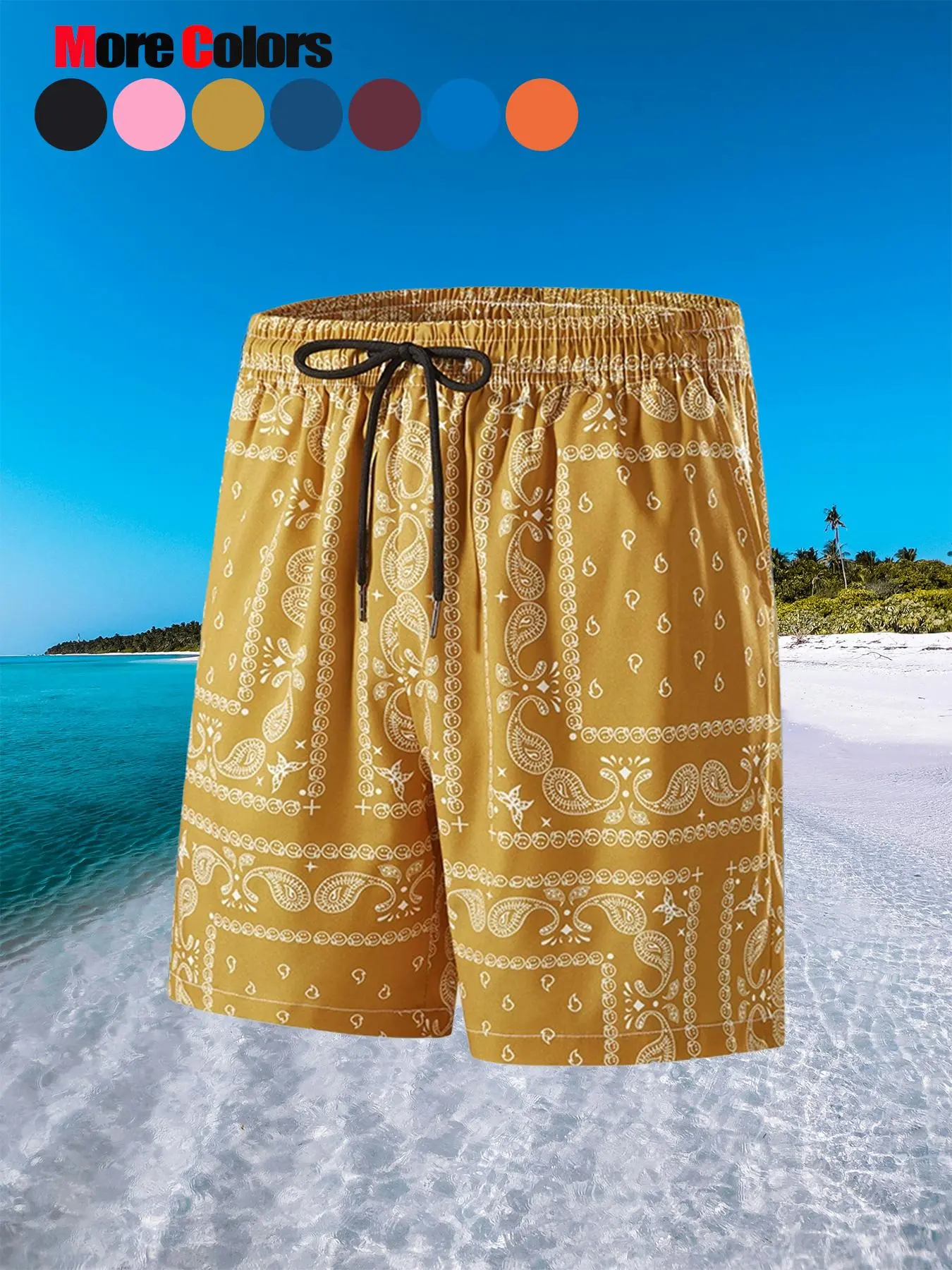 Men's Paisley Print Border Shorts, Loose Casual Fashion Comfy Shorts for Summer, Men's Bottoms for Beach Vacation