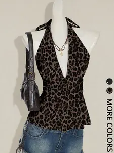 This Leopard Print Halter Top is Y2K Retro Edgy Vibes 🐆 | Deep V Ruched Peplum Top