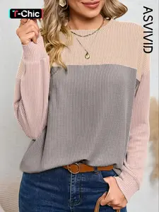 Women's Colorblock Patchwork Drop Shoulder Sweatshirt, Casual Long Sleeve Round Neck Pullover for Spring & Fall, Ladies Clothes for Daily Wear