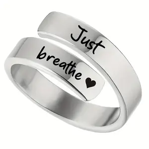 Adjustable Stainless Steel "Just Breathe" Heart Ring for Women - Inspirational Spiral Wrap Healing Ring, No Mosaic Material, Durable Jewelry Gift