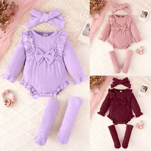 3-Piece Baby Girl Pink Outfit Set: Long sleeve romper + matching socks + neckband For 1-18M,Ready Stock 42407026