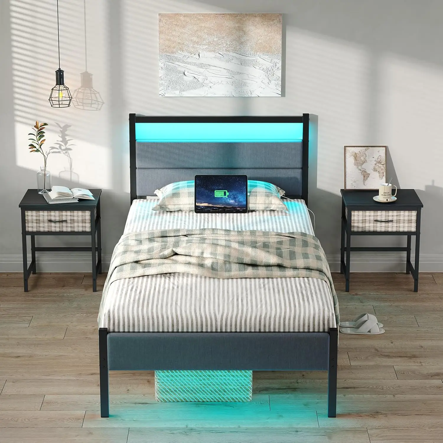 CollaredEagle Upholstered Metal Bed Frame with Grey Storage Headboard, Built-in Charging Station, LED Lights, Heavy-Duty Slat Support, Noise-Free, Easy Assembly, No Box Spring Needed (Twin/Full Mattress Compatible), Headboard With Storage, Bed Frames