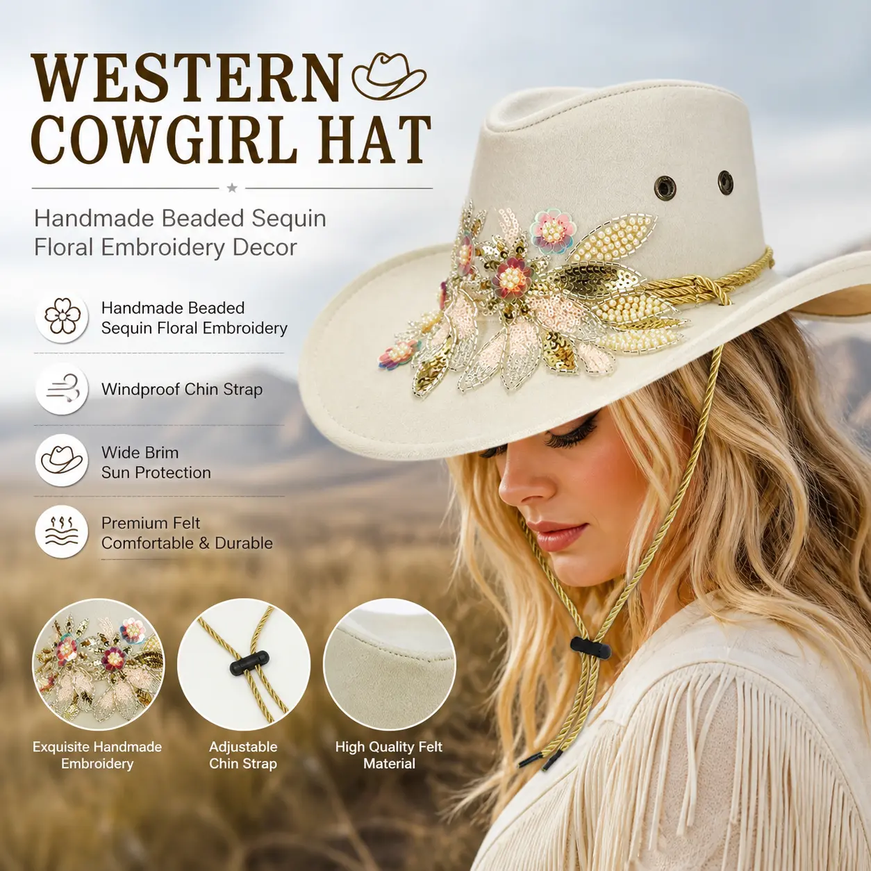 Off White Felt Wide Brim Western Cowgirl Hat, Handmade Beaded Sequin Floral Embroidery Decor Chin Strap Windproof Jazz Fedora Hat for Autumn Winter Party Travel Rodeo