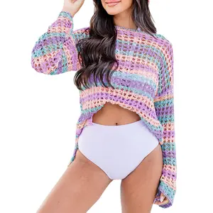 Mntaor Women’s Trendy Purple Striped Open Knit Sweater Cover Up-Long Sleeve,Breathable & Stylish,Ideal for Beach Days, Sunset Dinners &Summer Outfits