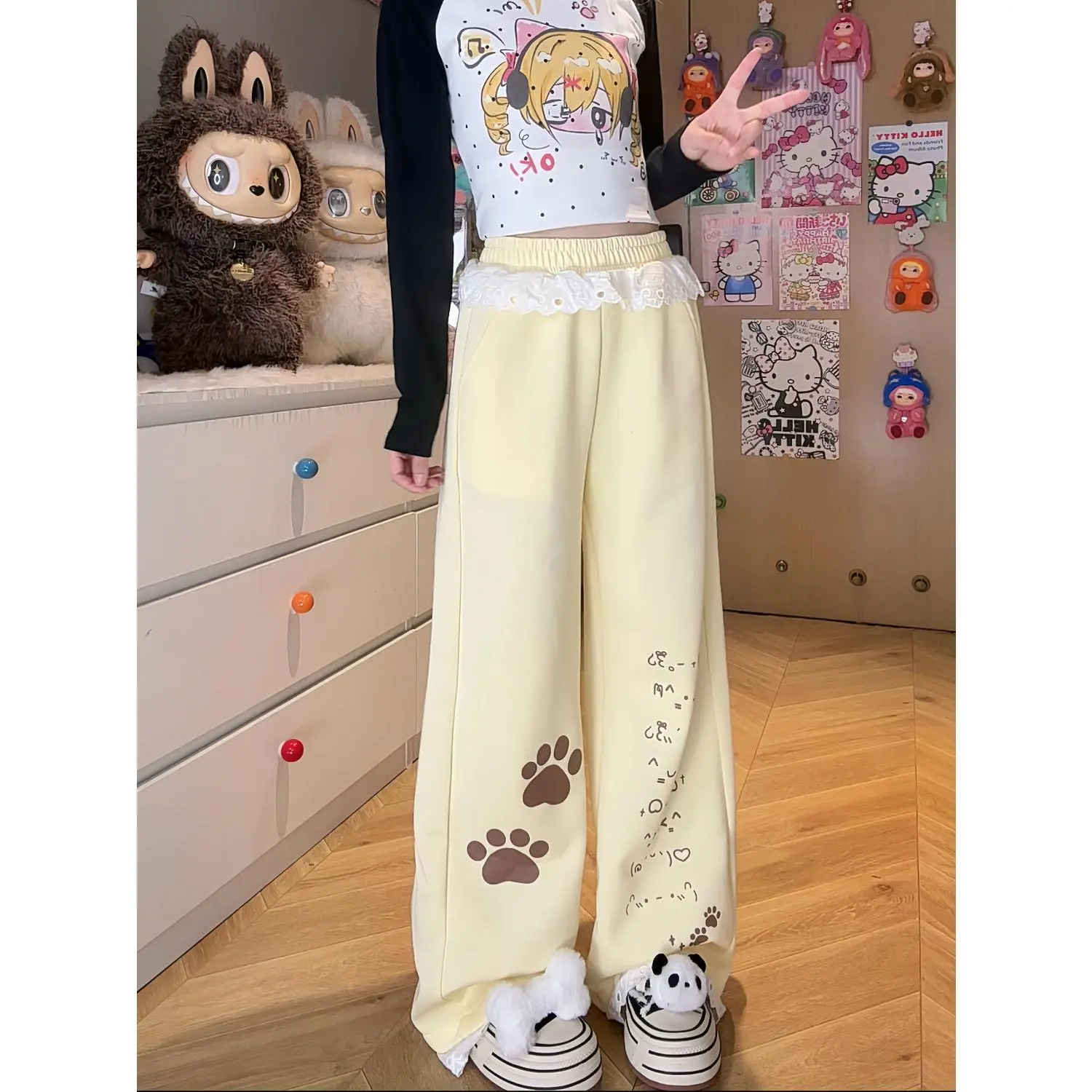 Japanese Style Pants for Women, Cute Style, Fun Cat Paw Emoji Print, Sweet Lace Patchwork Pants Lolita Girls Students Harajuku