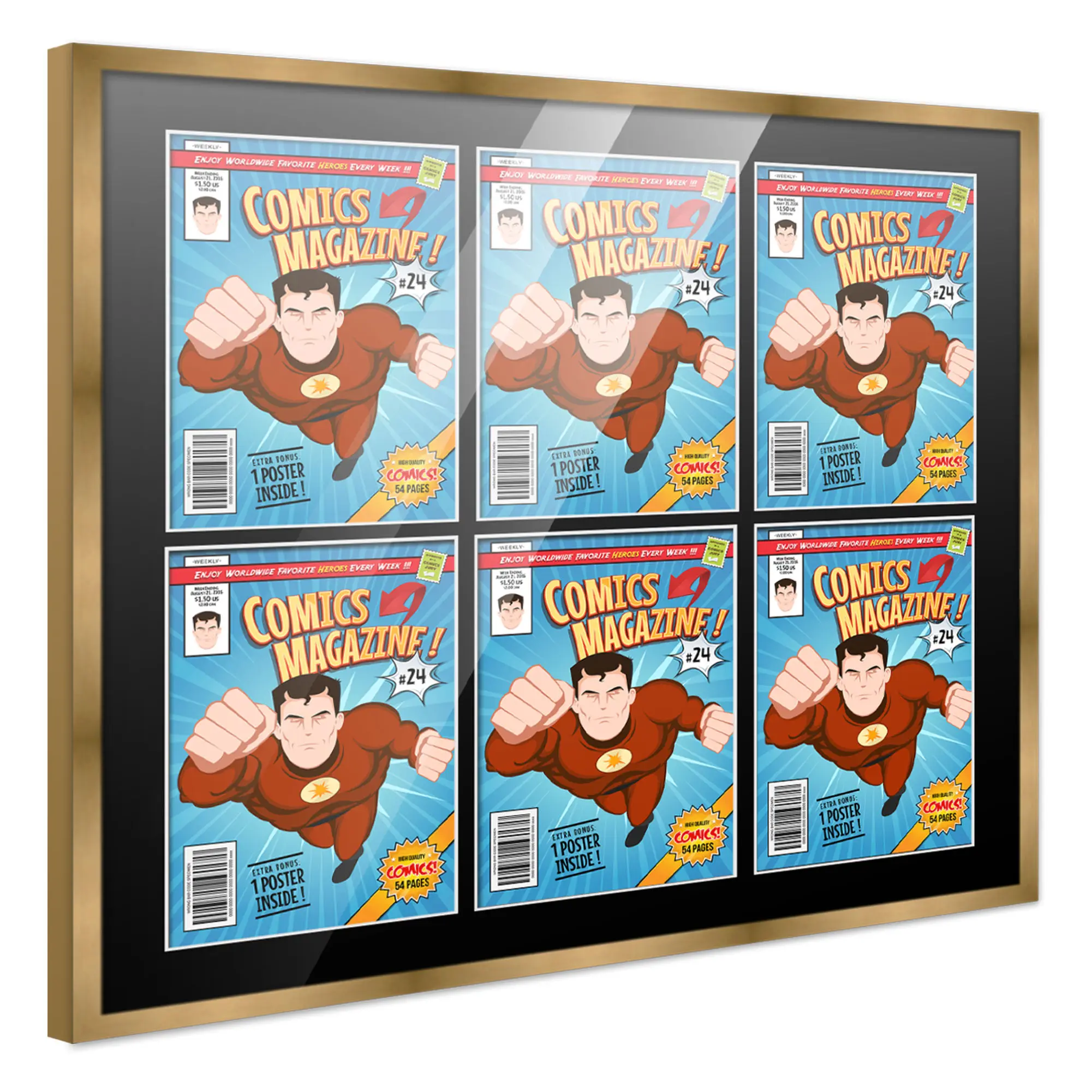 Comic Book Frame with Mat for 6 Silver Age Comics Published Between 1956 and 1970 - Bronze Wood Comic Frame With Black Mat for 7.125x10.5 Comics - 29x26 Frame Size